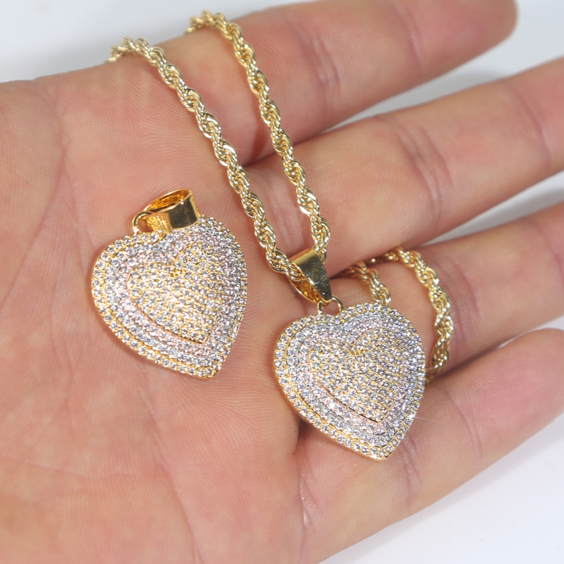 Bling Cz Paved Two Tone Color Heart Pendant Necklace Iced Out Shiny Cubic Zirconia Hip Hop Jewelry for Girls Women Man Boy Gift