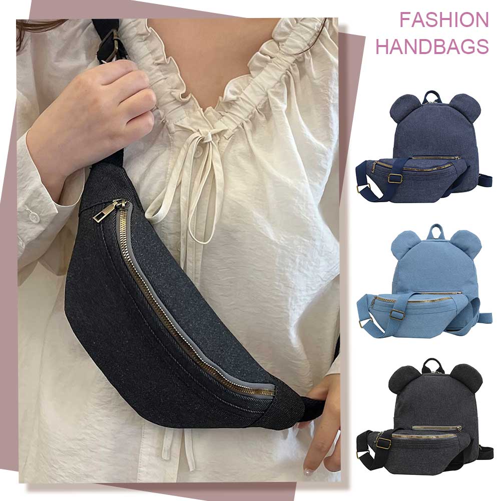 Canvas with Waist Bag Shoulder Bag Bear Ear Backpack for Women Adjustable Strap Book Bag Knapsack Travel Shopping Rucksack