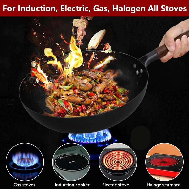Pans Carbon steel Wok pot 32cm wooden frying pan with wooden lid uncoated flat bottom Chinese induction electric potL2403
