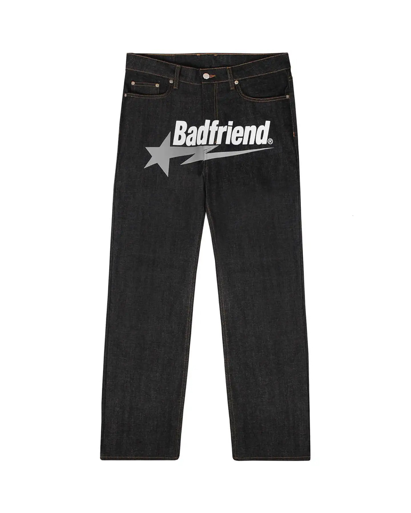 Mens Women Harajuku Punk Rock Wide leg Denim Trousers Streetwear Y2k Jeans Hip Hop Badfriend Letter Print Baggy Black Pants 240425
