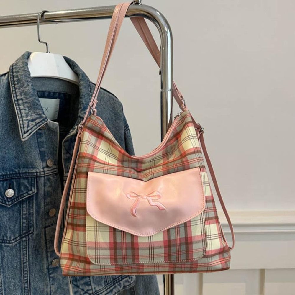 Trendy Korean Style Bowknot Shoulder Bag Sweet Adjustable Strap Lattice Tote Bag Elegant Large Capacity Student Backpack Female