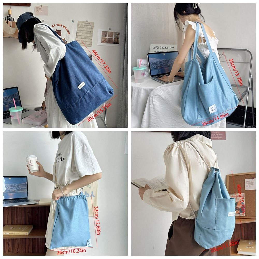 Leisure Commute Denim Cloth Bag Korean Style Letter Canvas Drawstring Shoulder Bag Fashion Large Capacity Denim Handbag Unisex