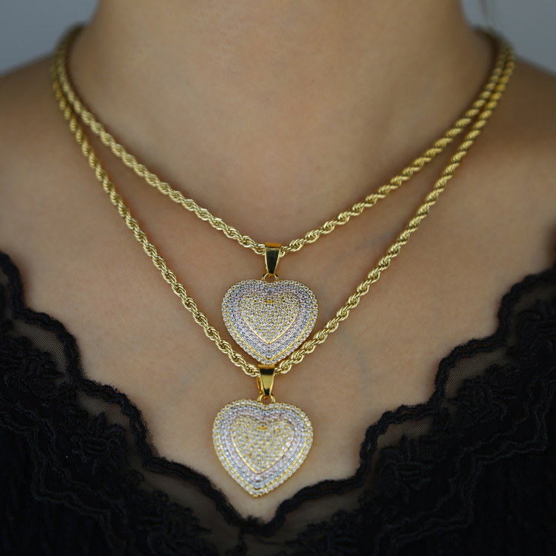 Bling Cz Paved Two Tone Color Heart Pendant Necklace Iced Out Shiny Cubic Zirconia Hip Hop Jewelry for Girls Women Man Boy Gift