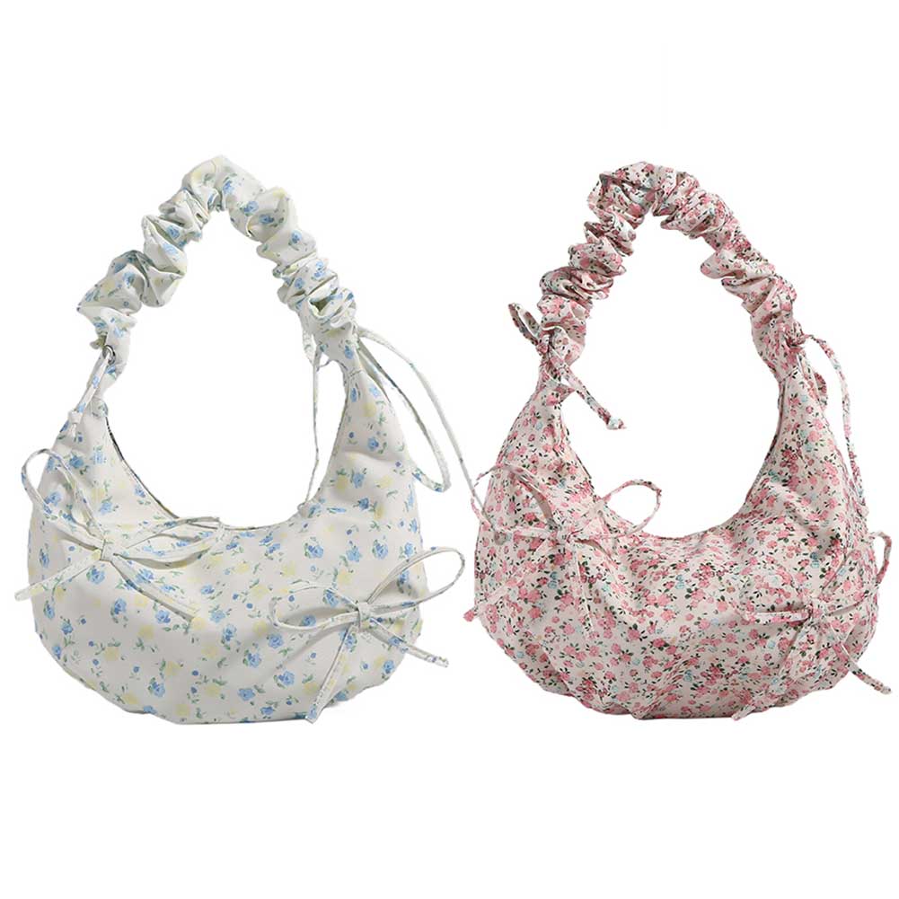 Shoulder Bag for Women Floral Crescent Bag Cloth Bowtie Hobo Bag Ruched Clutch Purse for Commuting Travel