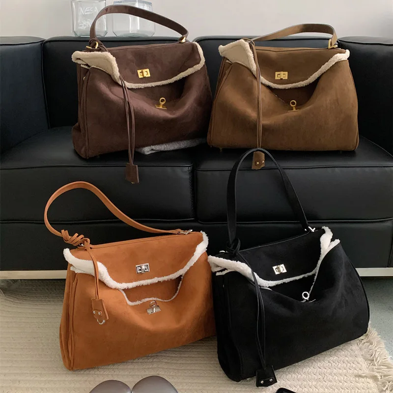 Fashion Suede Design Women's Large Capacity Tote Bag Warm Raw Edge Ladies Shoulder Bag 2024 Winter Vintage Brown Crossbody Bag