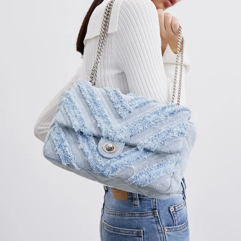 Fashion Chic Denim Shoulder Woman 2023 Trend New Elegant Designer Messenger High Grade Chains Exquisite Female Bag