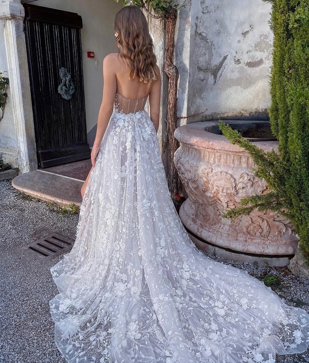 2024 New Boho Wedding Dress Sweetheart Appliques Lace 3D Flowers Side Split A-Line Bridal Bride Party Gowns Vestido De Novia Mariage