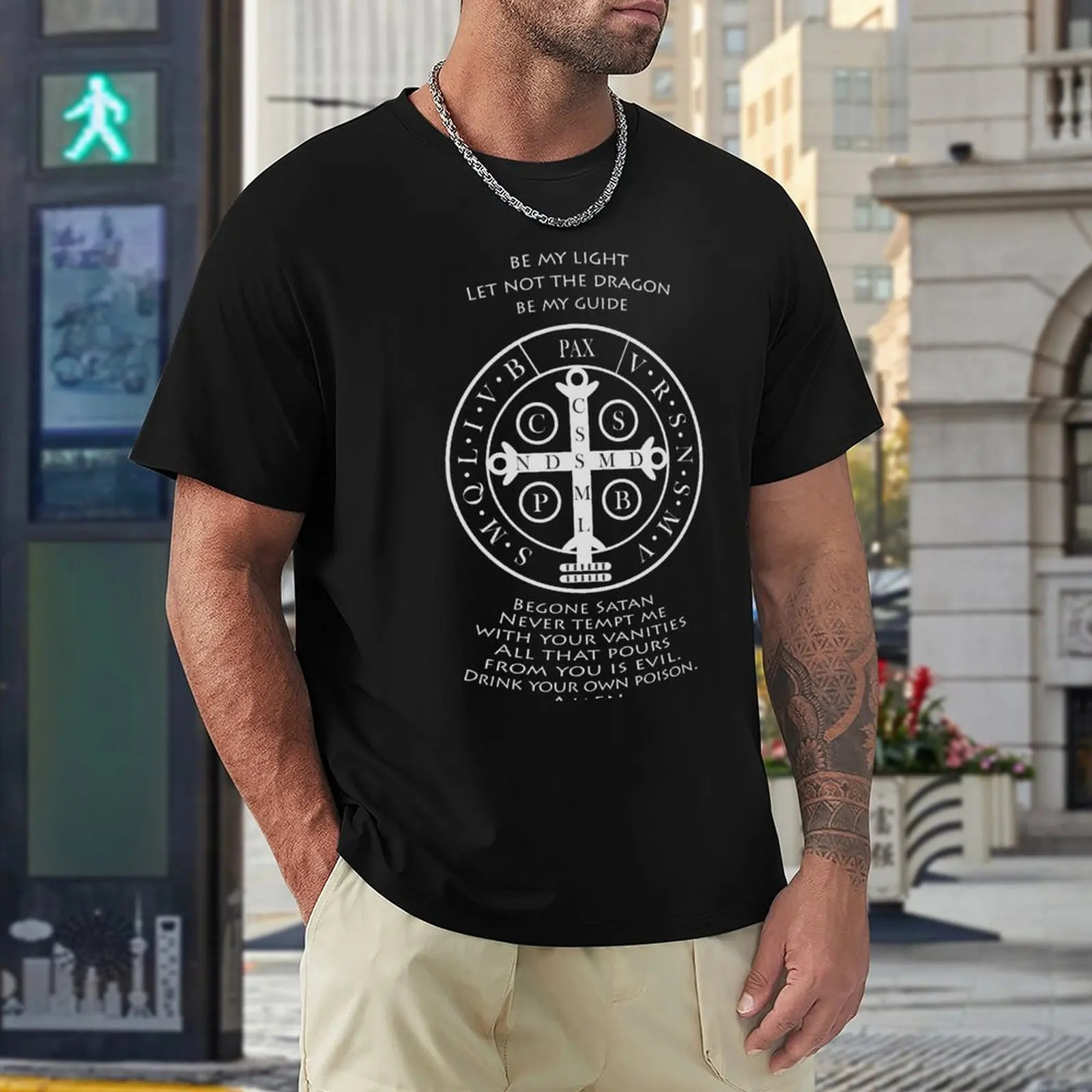 Saint Benedict Medal with prayeron black T-Shirt plain t-shirt anime clothes blank t shirts oversized t shirts for men 240319