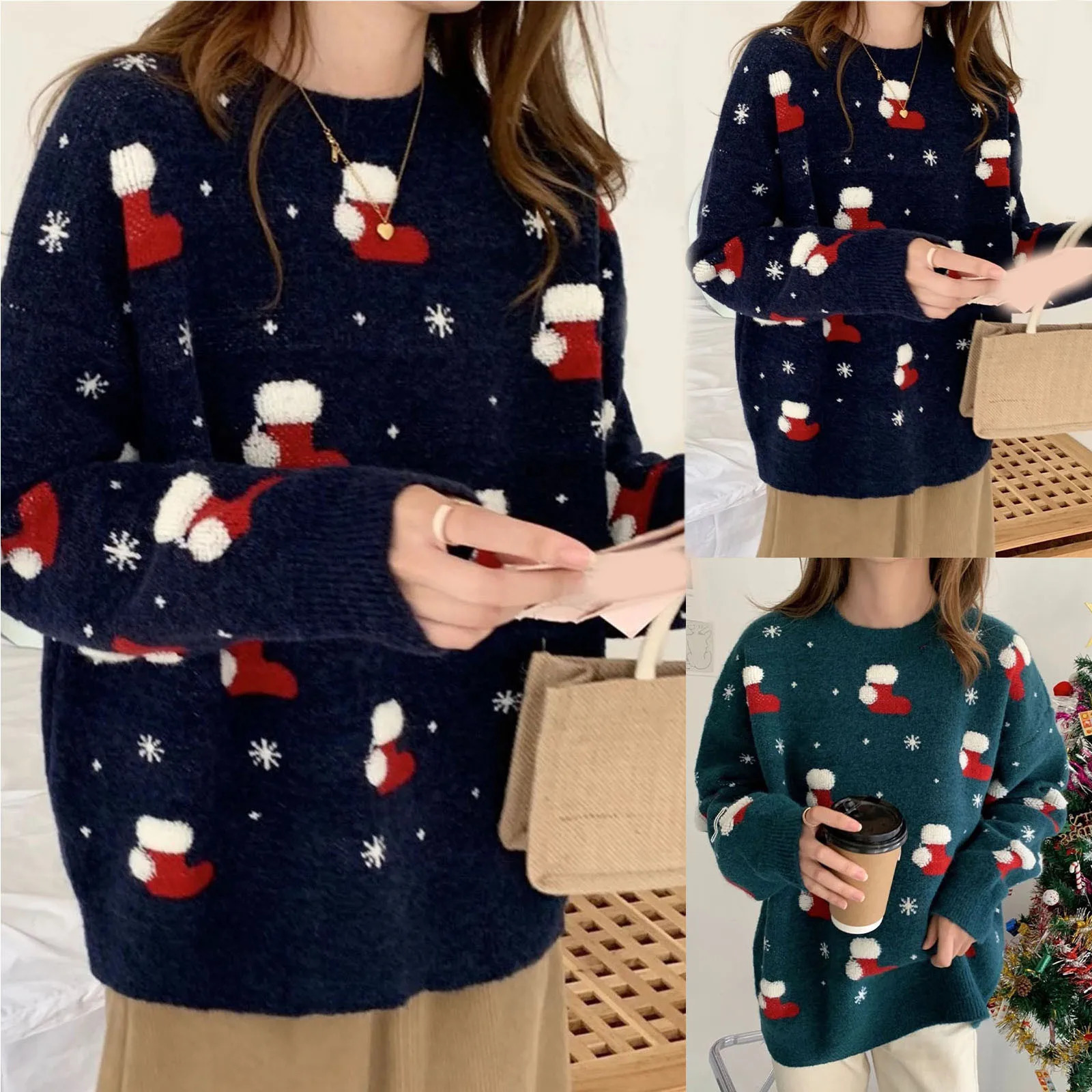 Autumn Winter Women Sweater Christmas Socks Patterns Knitted Tops Pullover Sweaters Xmas Knitwear Jumpers 241108