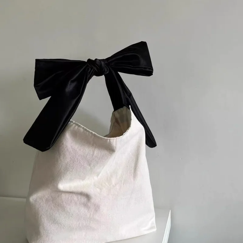 Shopping Bag Canvas Bag Large Capacity Tote Bag Women's Crossbody Bag Shoulder Bag Black and White Bow