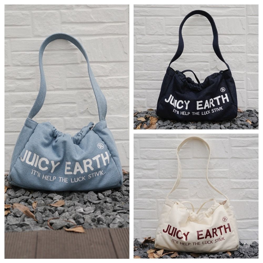 Casual Handbag Drawstring Shoulder Bag Letter Tote Portable Letter Canvas Bag Fashionable Thai Denim Cloth Bag Outdoor