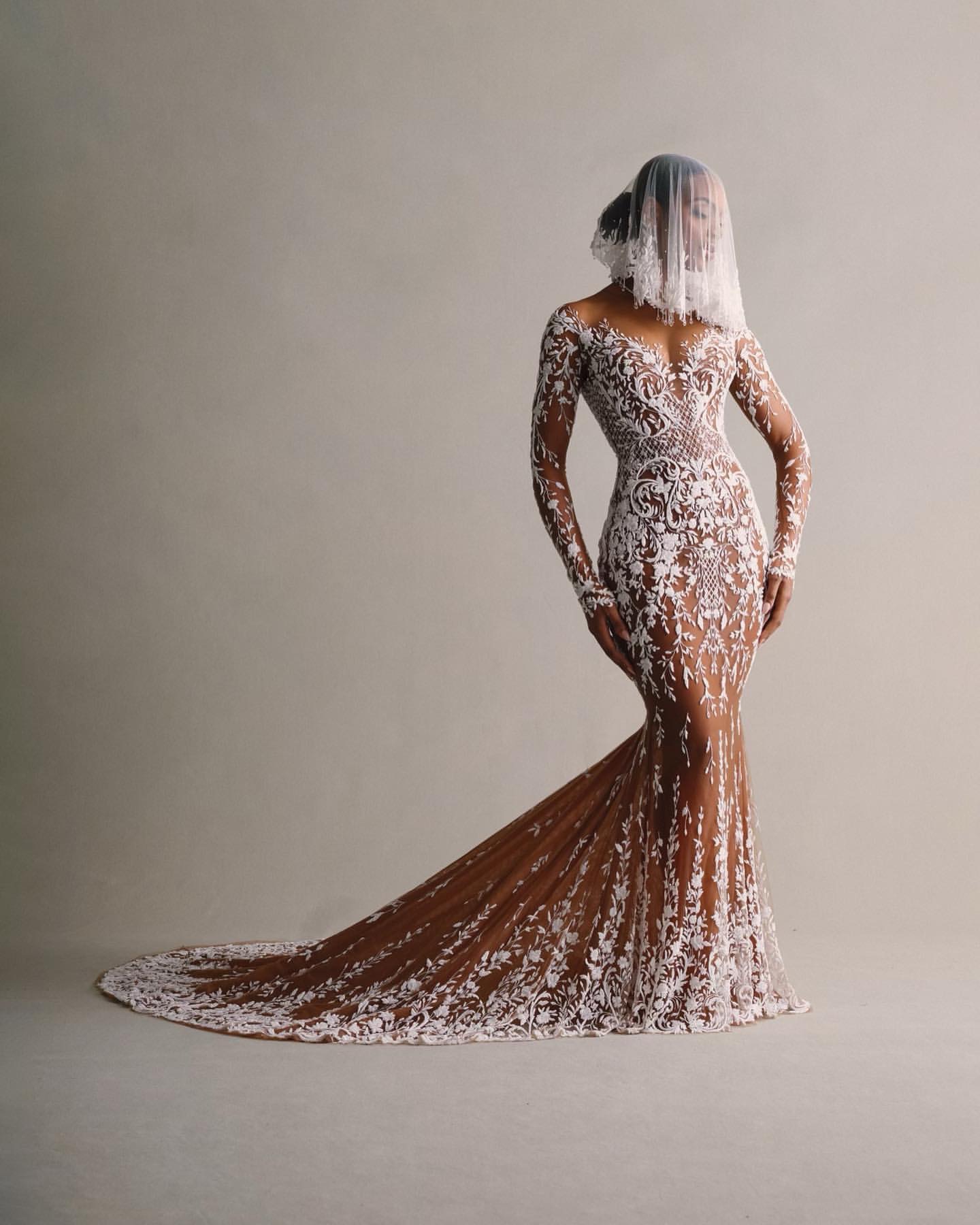 Chart Mermaid Stunning Wedding Dress Tan Illusion Long Sleeves Fulllace Wedding Dresses Bridal Gowns Sweep Train Lacefull Designer Bride Dress es