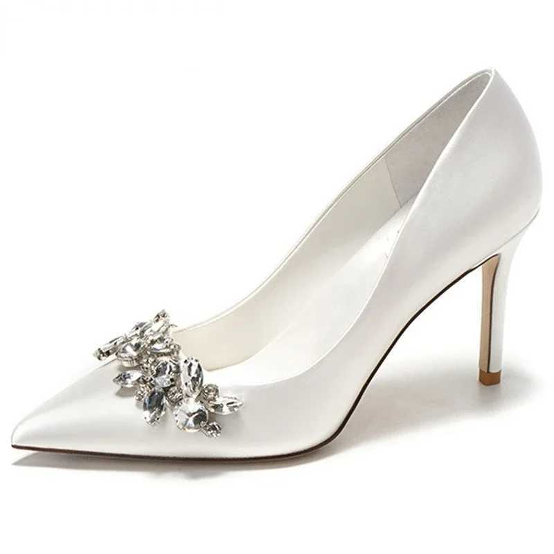 New white champagne bridal wedding shoes synthetic silk satin Rhine crystal shallow pump fine high heels Y250319