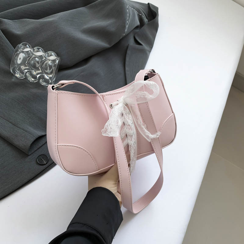 Women Simple Bow Shoulder Purse with Lace Band PU Underarm Bag Fashion Shoulder Bag Trendy Tote Handbag Outdoor Travel Bag