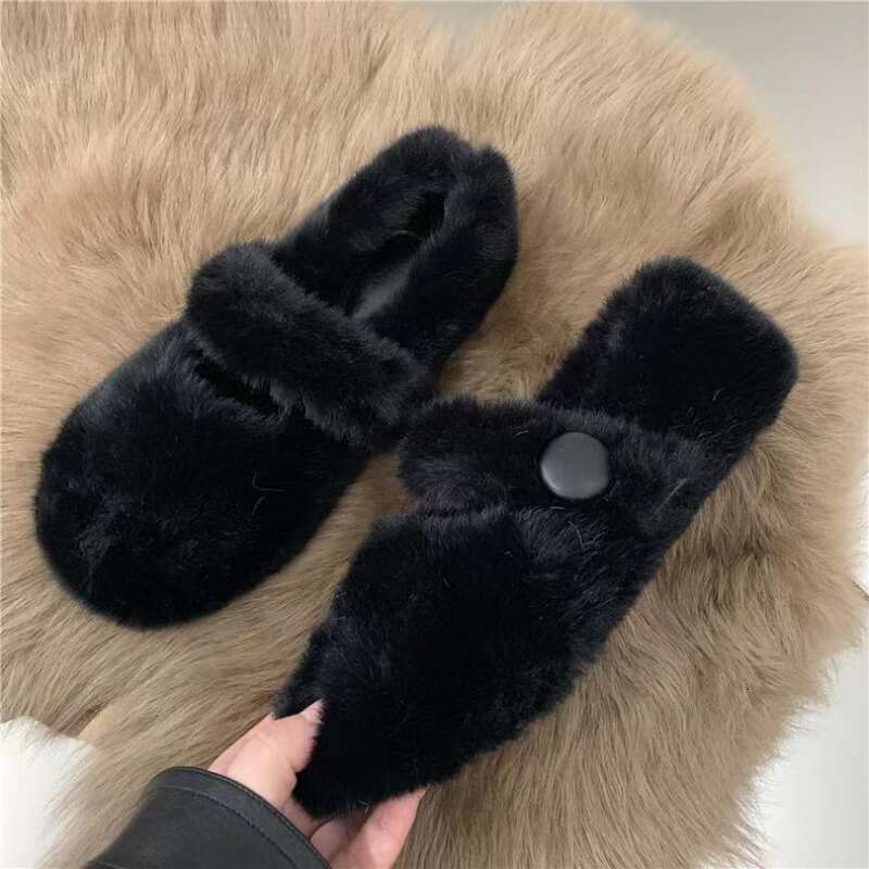 New Fashion Women's Winter Fur Flat Shoes Warm Plush Mary Jane Casual Ballet Shoes Outdoor Round Toe Shallow Footwear