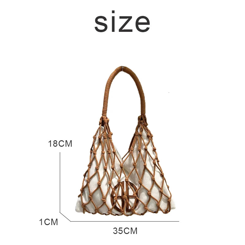 Hollow ultra-thin beach bag for womens er handbag wallet nylon rope woven canvas inner pocket shoulder 241107