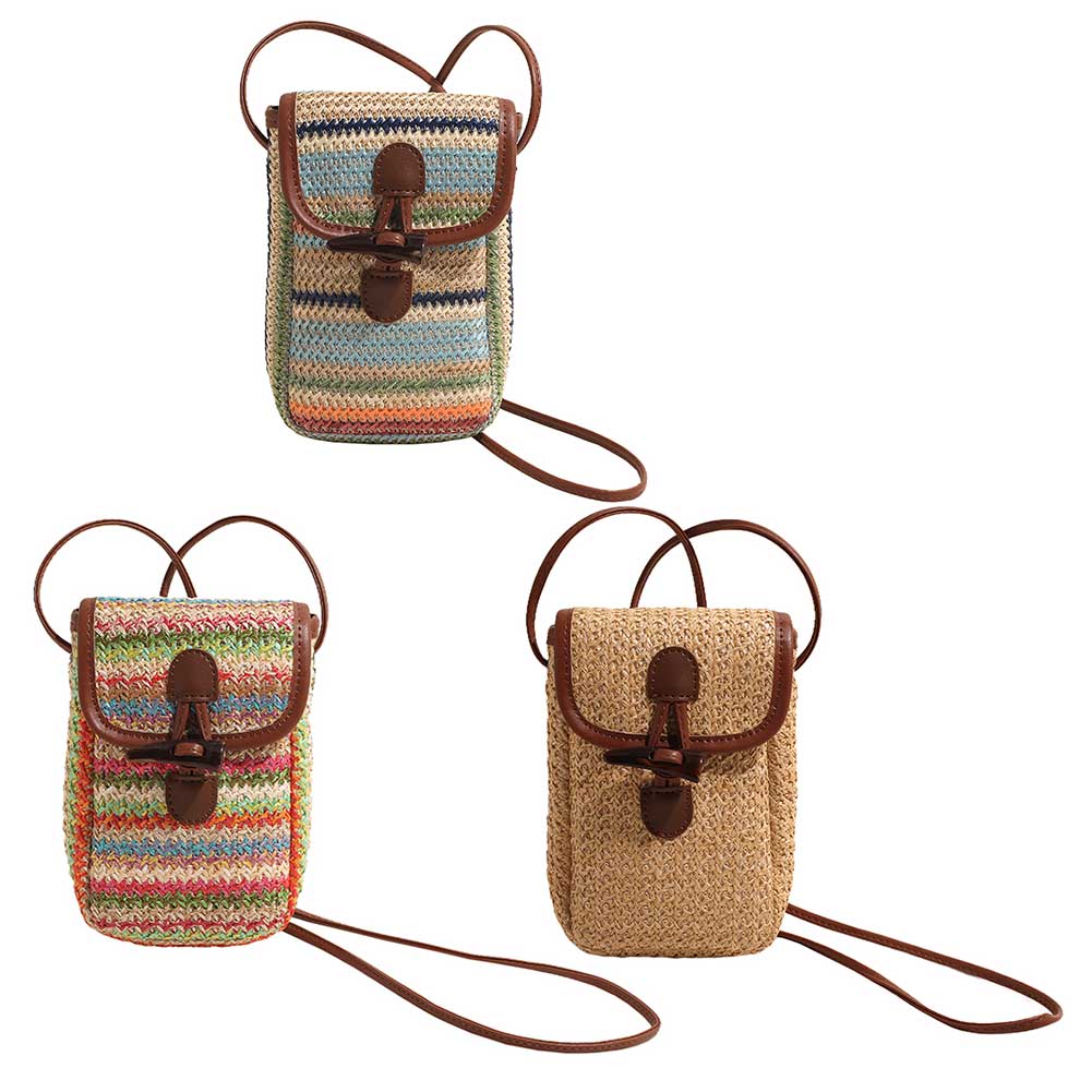 Women Small Crossbody Bag Patchwork Straw Woven Phone Bag Fashion Knitted Phone Pouch Trendy Weave Phone Purse Sling Phone Bag