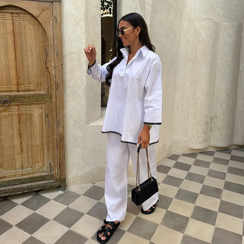 Embroidered Hemmed Shirt Women Two Pieces Sets Fashion Loose High Waist Long Pants Suit Spring Summer Female Vacation Outfits 240403