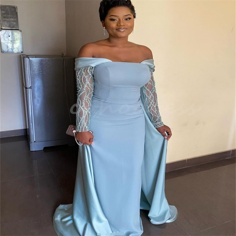 Beautiful Blue Mermaid Prom Dresses With Overskirt Train Elegant Mermaid Long Sleeve Evening Dress Black Women Arabic Dubai Party Gowns Vestio De Fies