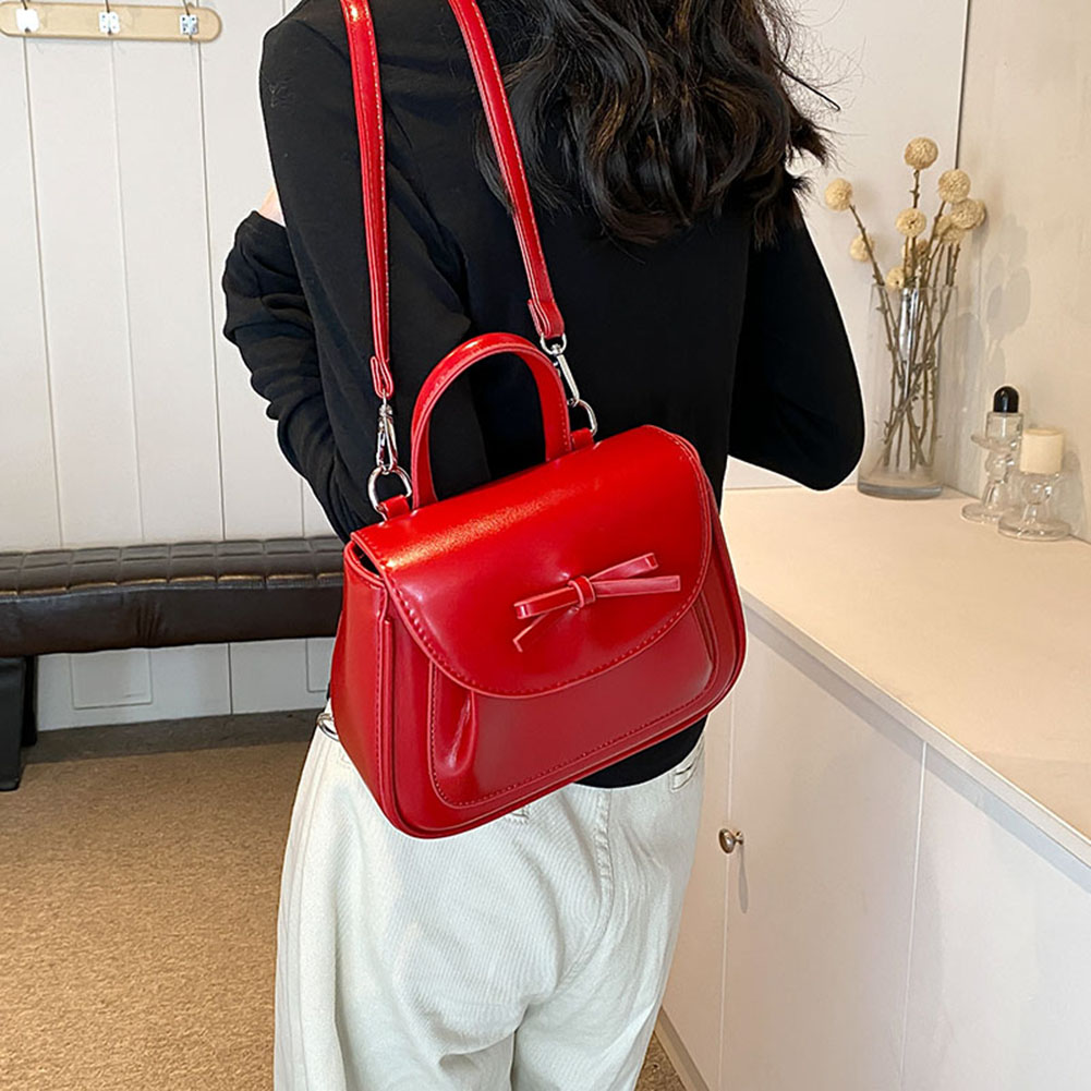 Mimi Cute Bow Aesthetic School Backpack PU Leather Fashion Handbag Solid Color Casual Daypack with Adjustable Strap for Women