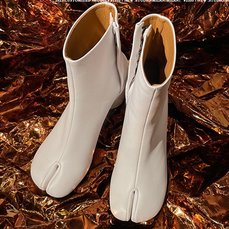 2024 Brand Design Tabi Split Toe Chunky High Heel Boots Leather Atos Mujer Fashion Autumn Women Men Shoes Botas