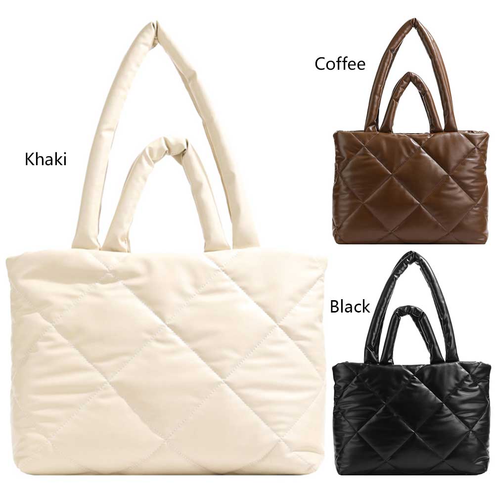 Women Puffy Tote Handbag PU Leather Padded Top Handle Bag Solid Color Large Capacity Ladies Daily Commute Bag