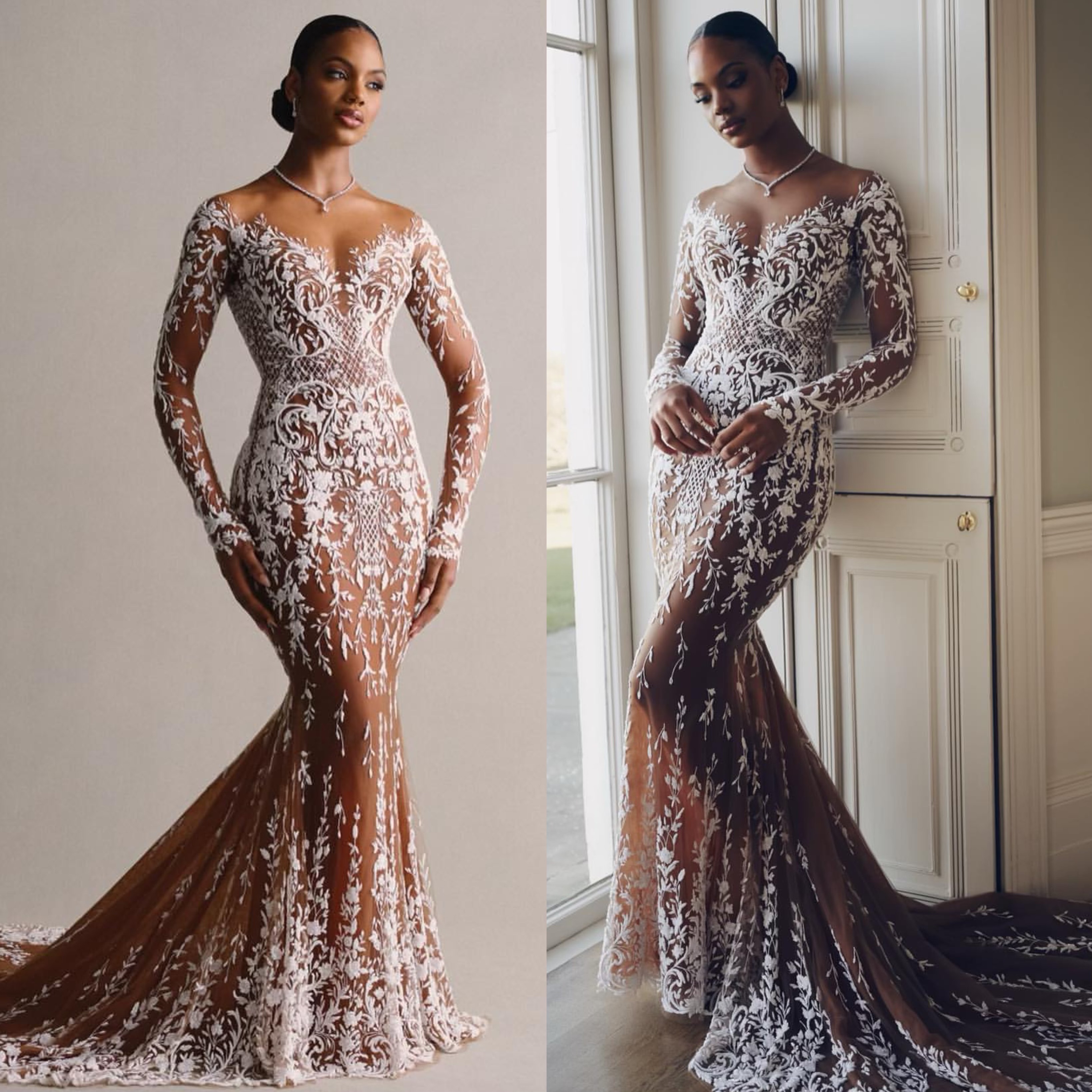 Chart Mermaid Stunning Wedding Dress Tan Illusion Long Sleeves Fulllace Wedding Dresses Bridal Gowns Sweep Train Lacefull Designer Bride Dress es