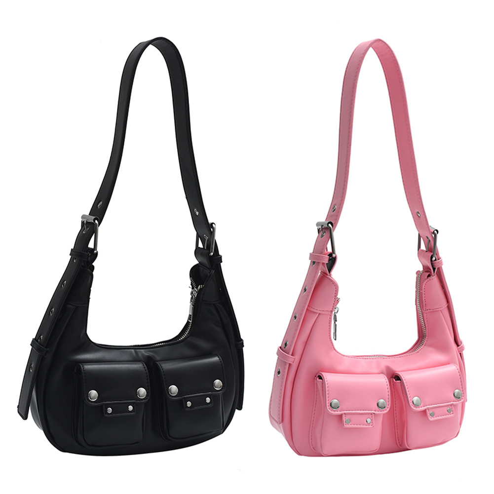 Women Crescent Bag with Double Pockets PU Leather Handbag Adjustable Strap Crossbody Bag Hobo Bag Travel Commuter Bag