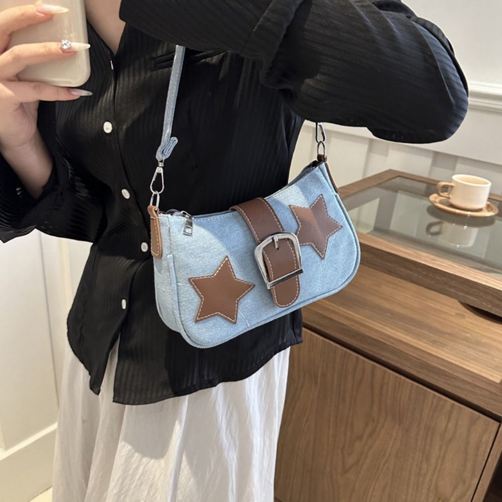 Minimalist Hasp Star Shoulder Bag PU Harajuku Y2k Underarm Bag Zipper Korean Style Denim Handbag Girls