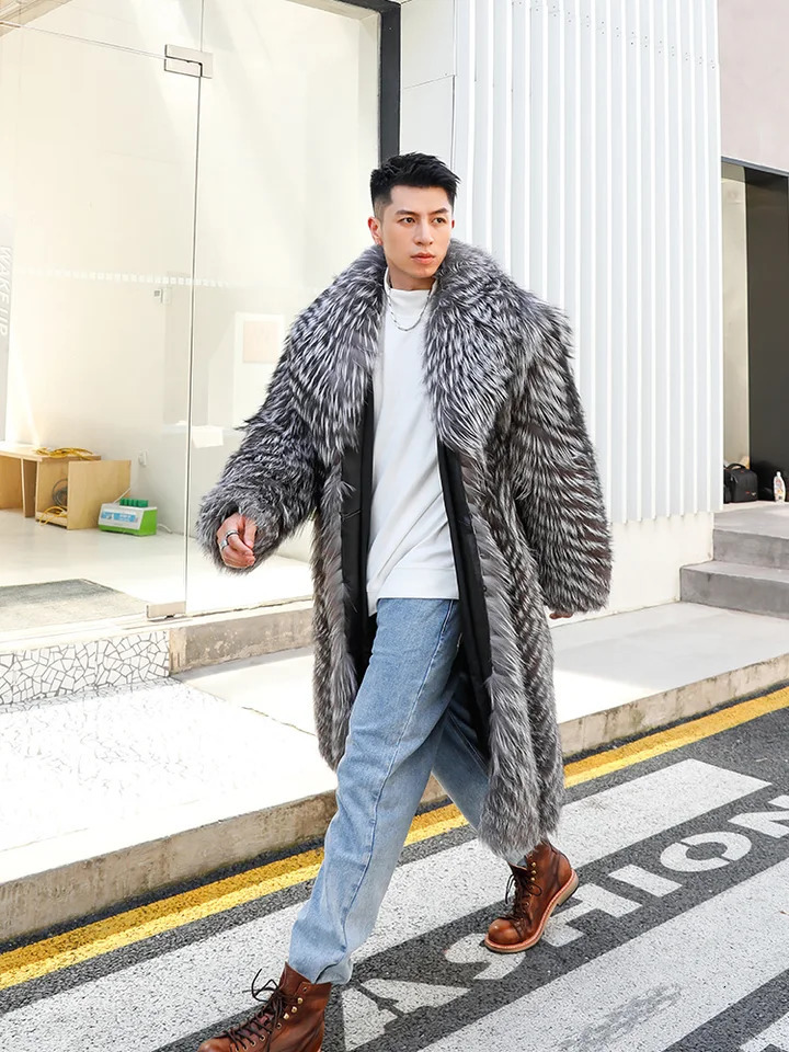 FURTJY Mens Fur Coat Real Fox Winter Mens Real Fox Style Silver Fur Coat 241107