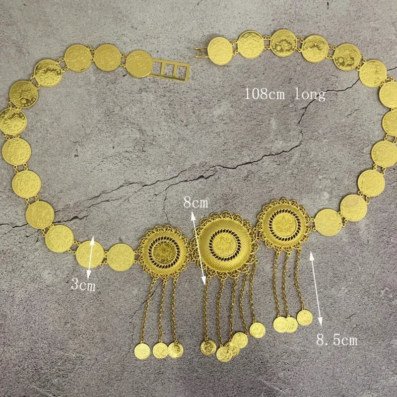 Turkey Totem Coin Pendant for Ladies Turkish Wedding Belt Gold Plated Pendant Oversized Waist Chain Saudi Gift 240313
