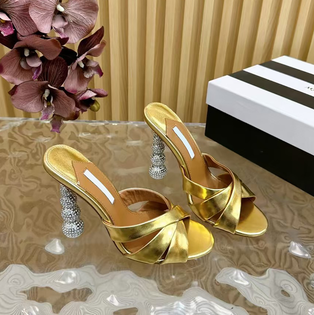 Rhinestone inlaid heel ladies slippers mules 105mm high-heeled shoes Genuine leather open toed sandals womens luxury designer slippers size (35-43)