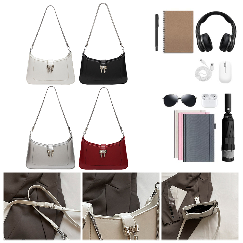 Fashion Bowknot Shoulder Bag PU Leather Crossbody Bag Zipper Closure Purse with Chain for Women Work Shopping Travel