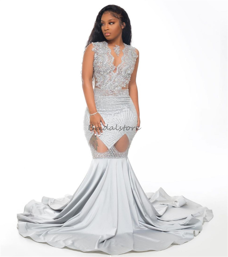 Sparkly Silver Sequin Prom Dress For Black Girls Sexy V Neck Mermaid Evening Dresses Plus Size Satin Applique Lace Formal Party Dress 2024 vestido de 