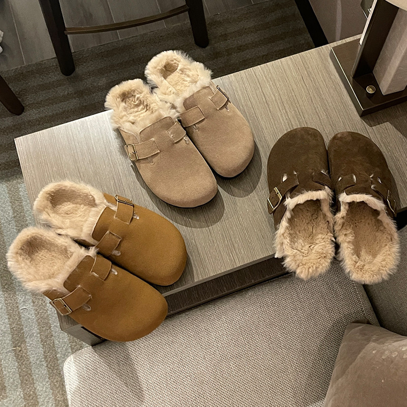 Winter Warm Women Suede Clogs Genuine Leather Mules Cork Footbed Slippers Potato Shoes with Arch Support with Thick Plush