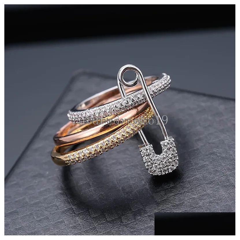 Rings Design Safety Pin Ring For Women Special Classic Girl Rose Gold Mixed Color Aaa Zircon Fashion Jewelry Gift Party Drop Delivery Otgei