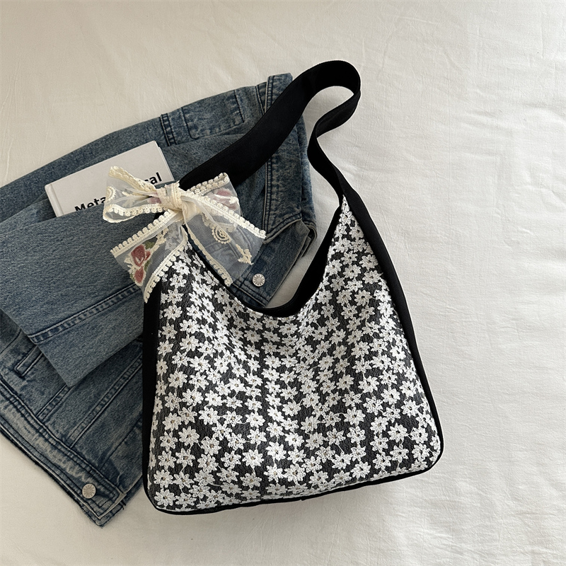 Women Floral Shoulder Bag Simple Tote Handbag Large Capacity Stylish Tote Purse with Ribbon Canvas Hobo Bag Outdoor Travel Bag
