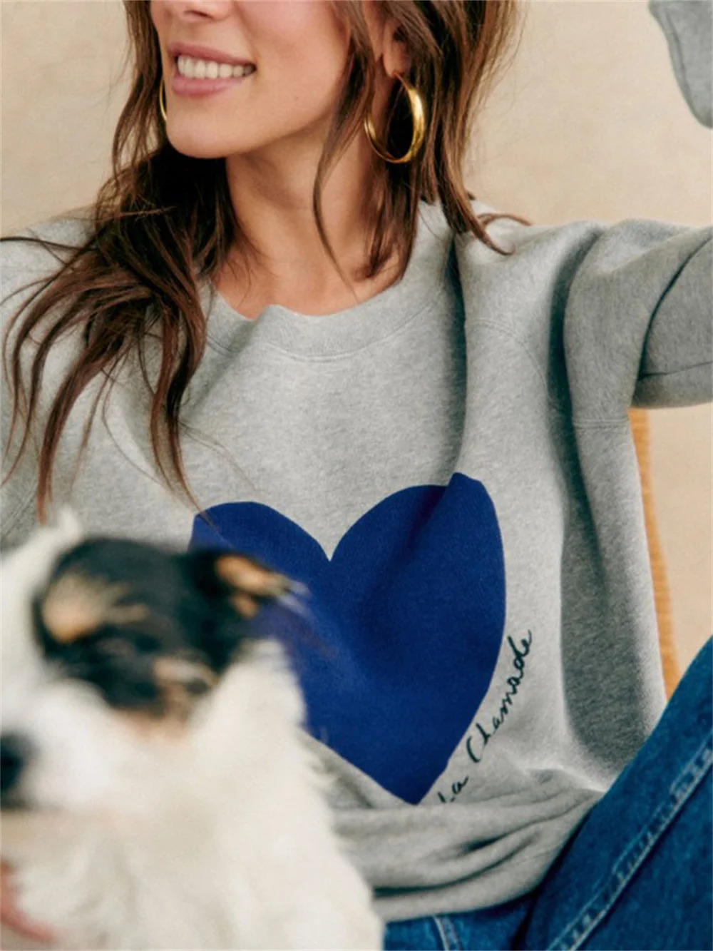Womens heart-shaped printed sportswear spring item O-neck womens long sleeved womens 3-color loose zipper top 241108