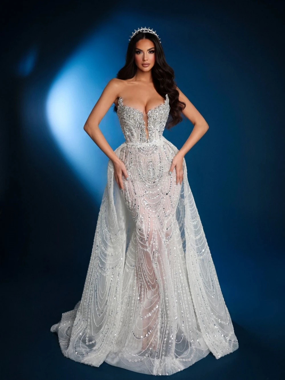 See Through Mermaid Wedding Dress Crystal Pearls & Sequins - Illusion Bridal Gown with Overskirt 2025 Customized Vestidos De Novia