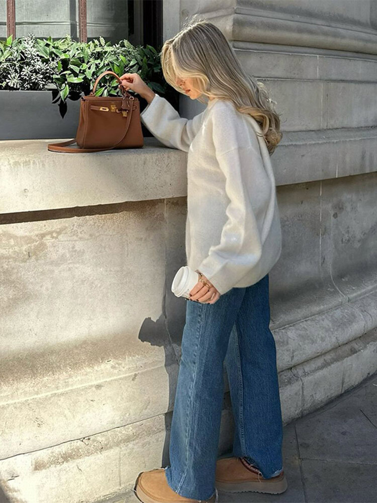 Chic O-neck Mohair Thick Knitted Sweater Women Casual White Loose Cashmere Pullover 2025lady Autumn Classic Daily Knitwear New