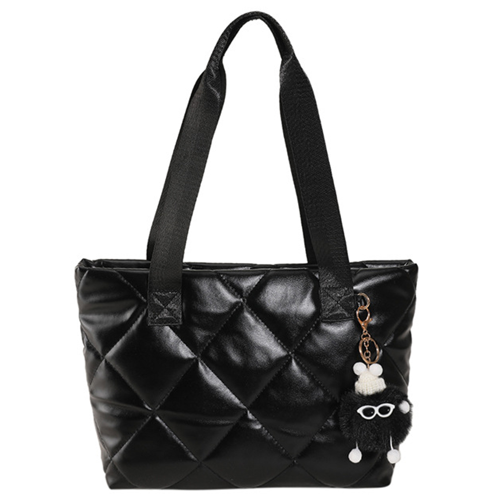 Women Puffy Top Handle Bag Large Capacity Quilted Simple Padded Bag Lightweight PU Leather with Pendant Girls Leisure Winter Bag