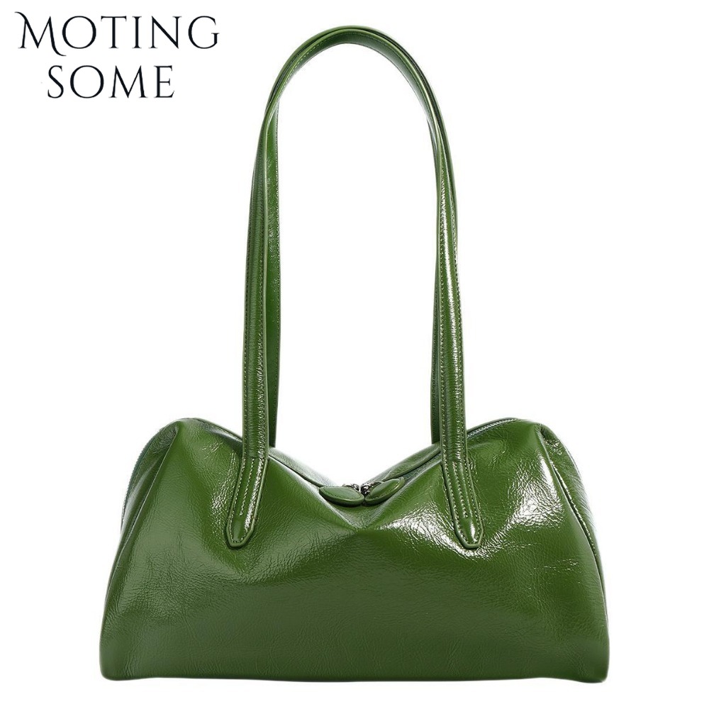 Motingsome Green Bags Retro Women Bag Oil Wax Cowhide Leather Handbag Vintage Boston Pillow Lady Daily Purses
