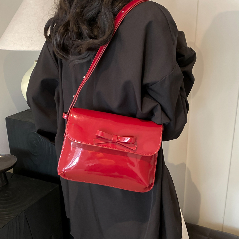 Patent Leather Women Shoulder Bag Bowknot Crossbody Bag Adjustable Strap Square Flap Bag Retro Underarm Bag Travel Bag