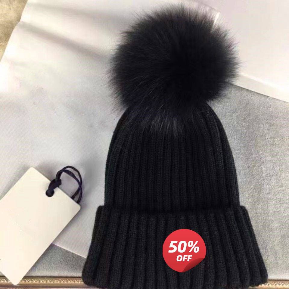 Designer Beanie Winter Knitted Woolen Hat Bonnet Women Chunky Knit Thick Warm Fur Pom Pom Beanies Hats Female Fitted Hats Caps