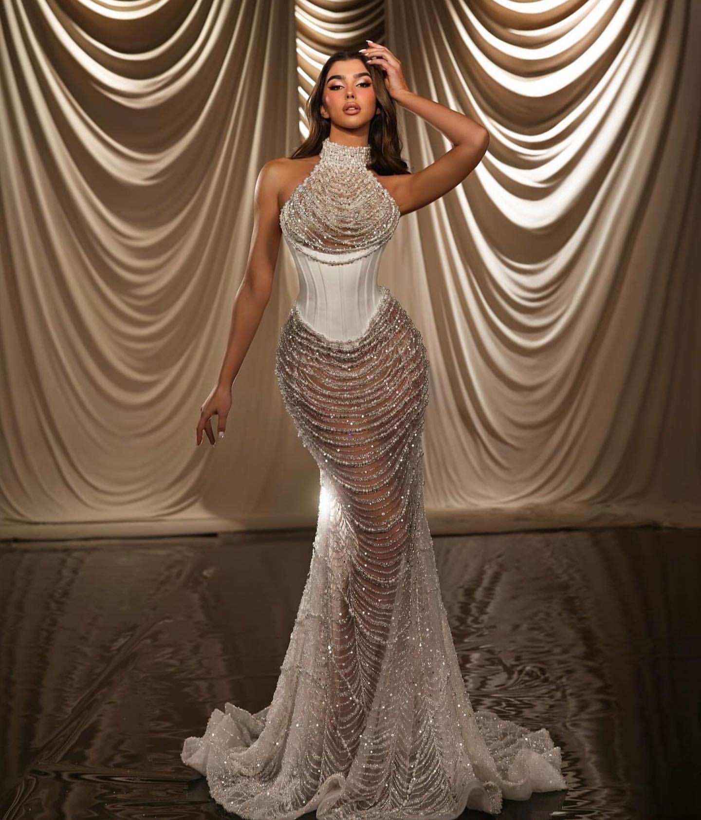 Mermaid Wedding Dress for halter pearls beading illusion wedding dresses Bridal Gowns satin bodice Saudi arabic African bride dress