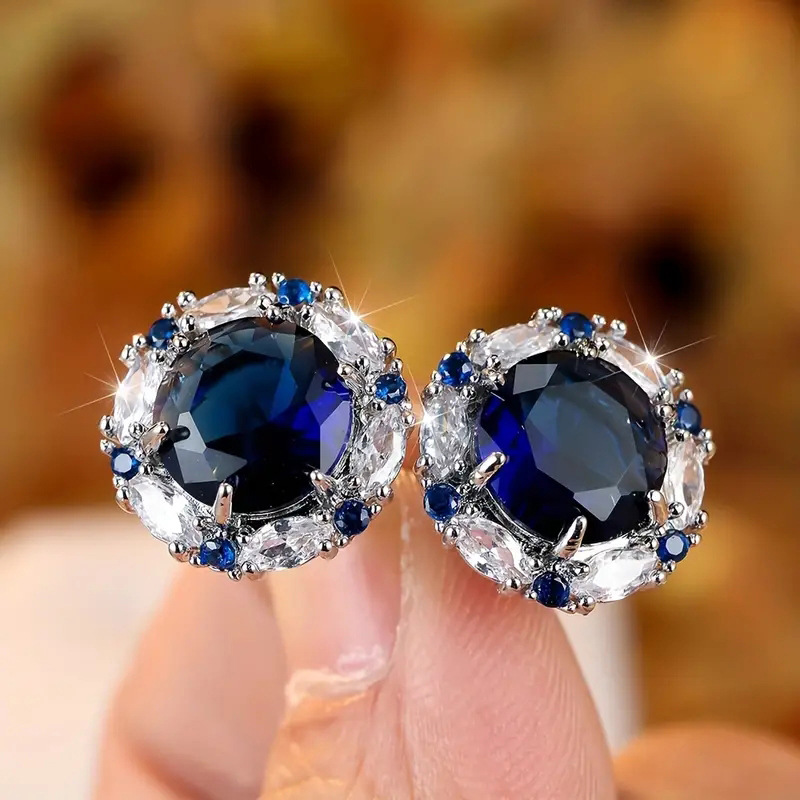 Earrings Women Fashion Zircon Round Stud Luxury 925 Sterling Silver Diamond Stud Earrings Classic Sapphire Crystal Stud Earrings Wedding Jewelry