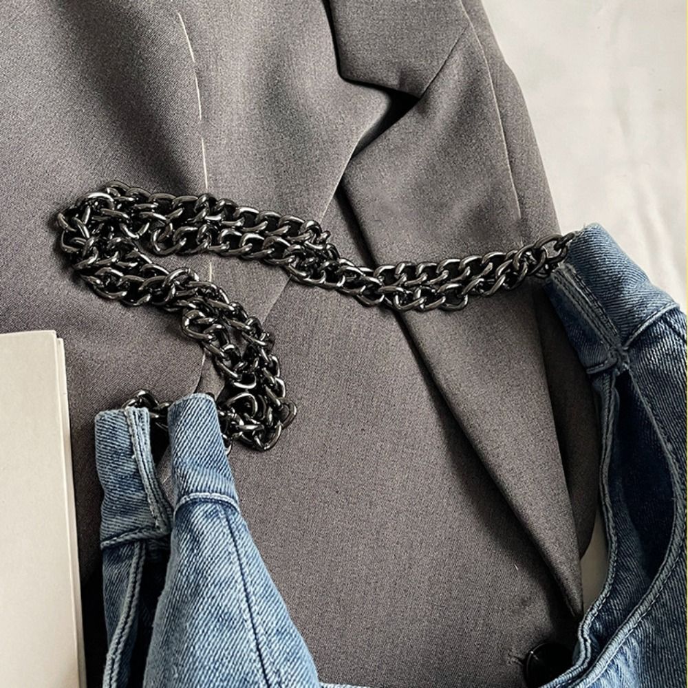 Japanese Style Fabric Washed Denim Metal Chain Shoulder Strap Ladies Handbag High-Capacity Shopping Tote For Girls