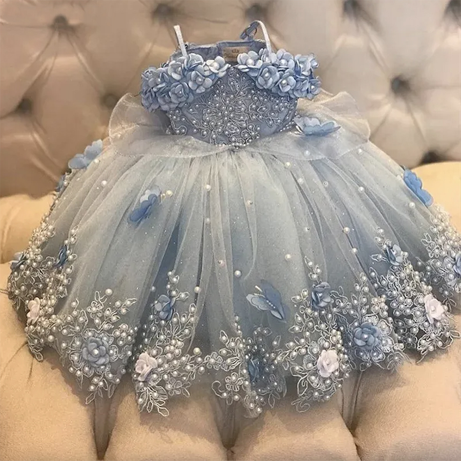 Light Sky Blue Pearls Girls Pageant Dresses Appliqued Beaded Flower Girl Dress For Weddings Children Long Princess Birthday Ball Gowns 0431