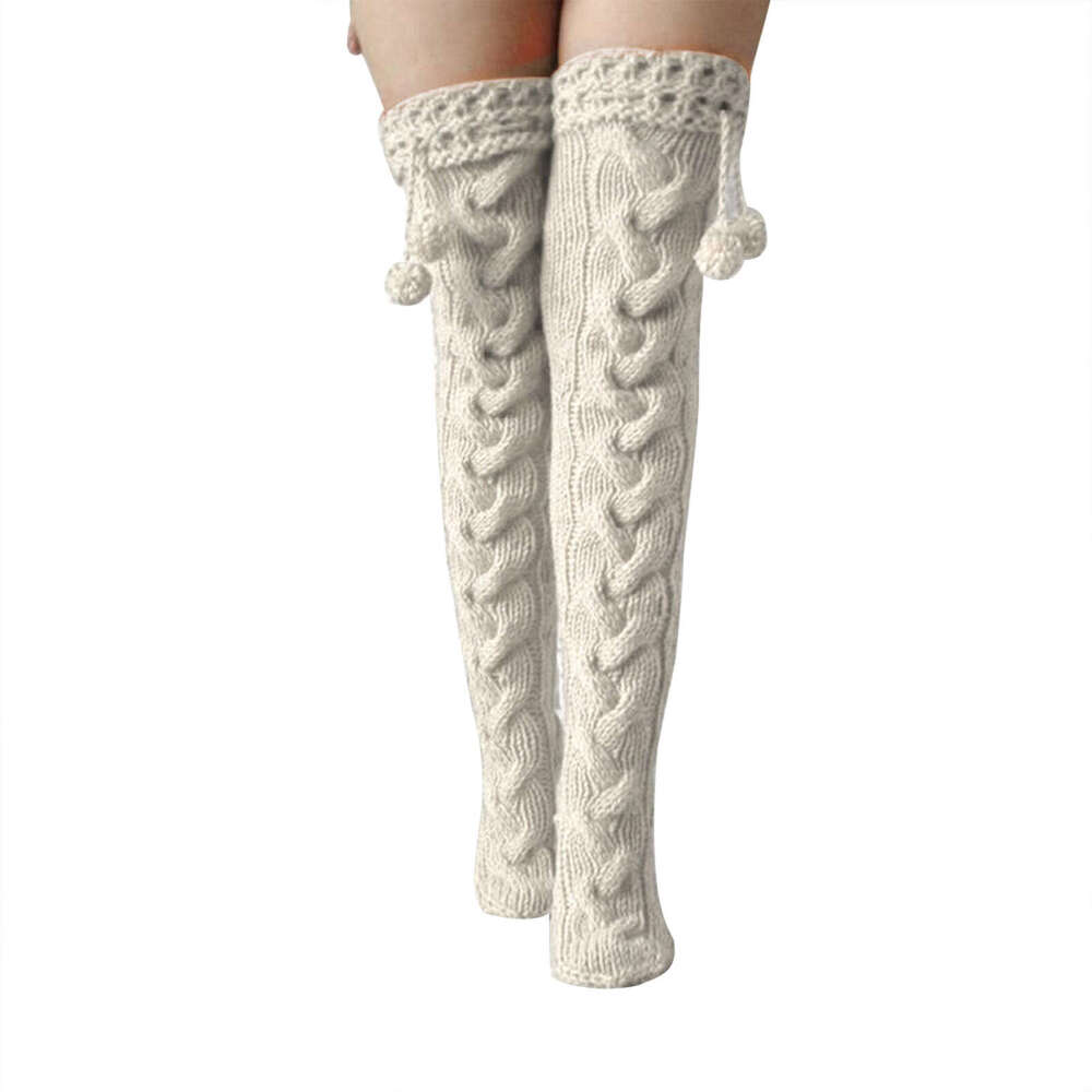 Women S Cable Knit Thigh High Soc With Fuzzy Pom Poms Cozy Over The Knee Winter Stockings Trendy Leg Warmers For Cold