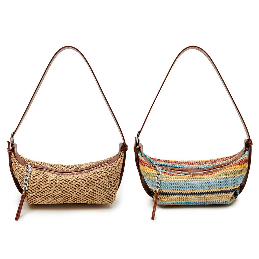 Women Straw Crossbody Bag Adjustable Strap Simple Straw Beach Bag Contrast Color Weaving Satchel Bag Ladies Summer Daily Bag